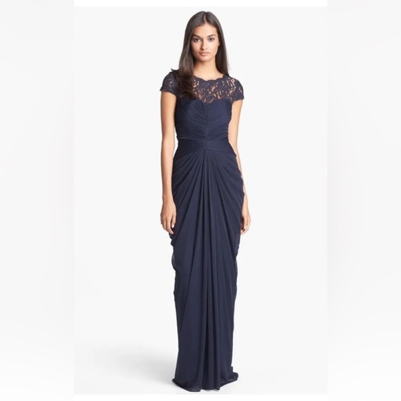 Adrianna Papell Lace Yoke Gown Drapped Dress Lacey Navy Blue Rouched Maxi - Picture 3 of 10